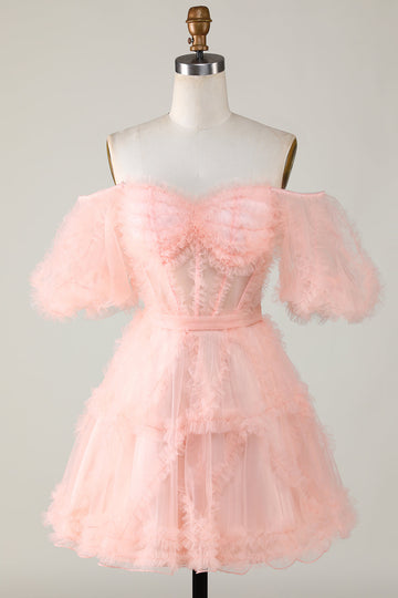 Cute A line Blush Tulle Off The Shoulder Short Graduation Dress